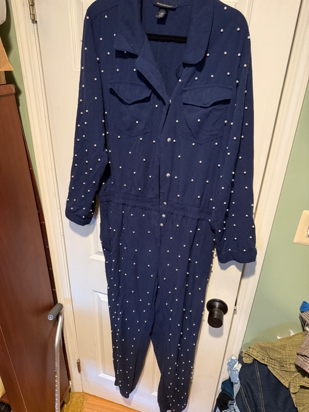 Ashley Stewart Navy Blue Jumpsuit with Pearl Dot fully beaded on front wear art